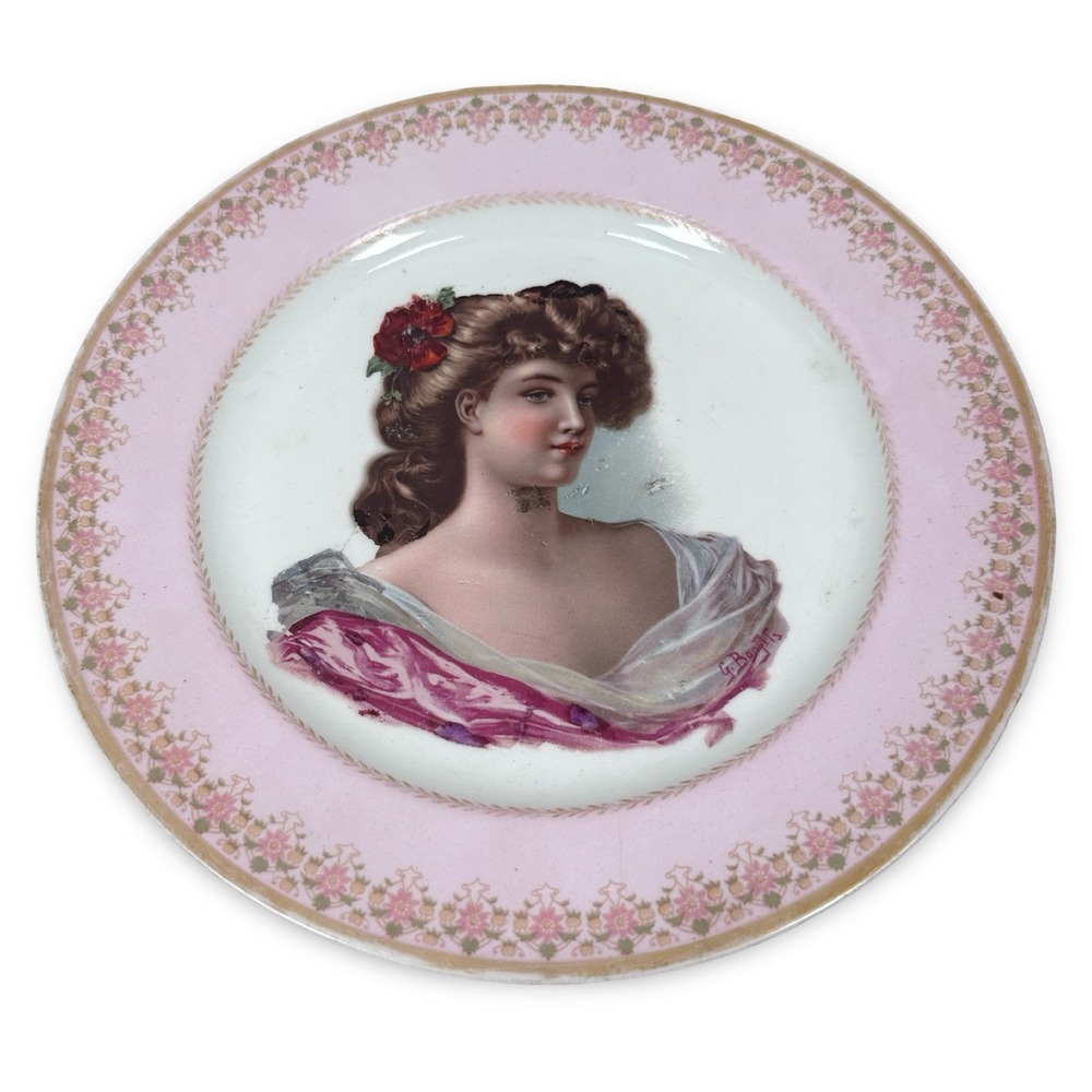 Vintage J. Pouyat Limoges France Portrait Plate G. Bonfils Pink Floral Gold‎ Rim